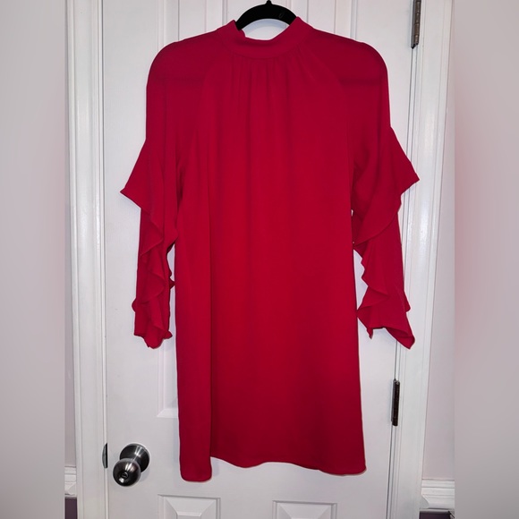 Maggy London Women's Petite Red Crepe Novelty Dress with Sleeve & Neck Shirring - Picture 3 of 15
